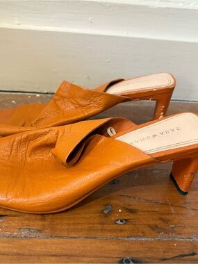 Zara Orange Leather Twist-Front Heeled Mules